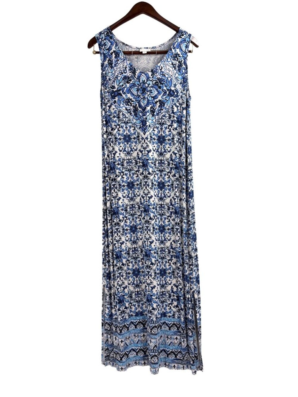 J. Jill Womens Small Sleeveless Maxi Dress Blue Floral Boho Comfort Goddess